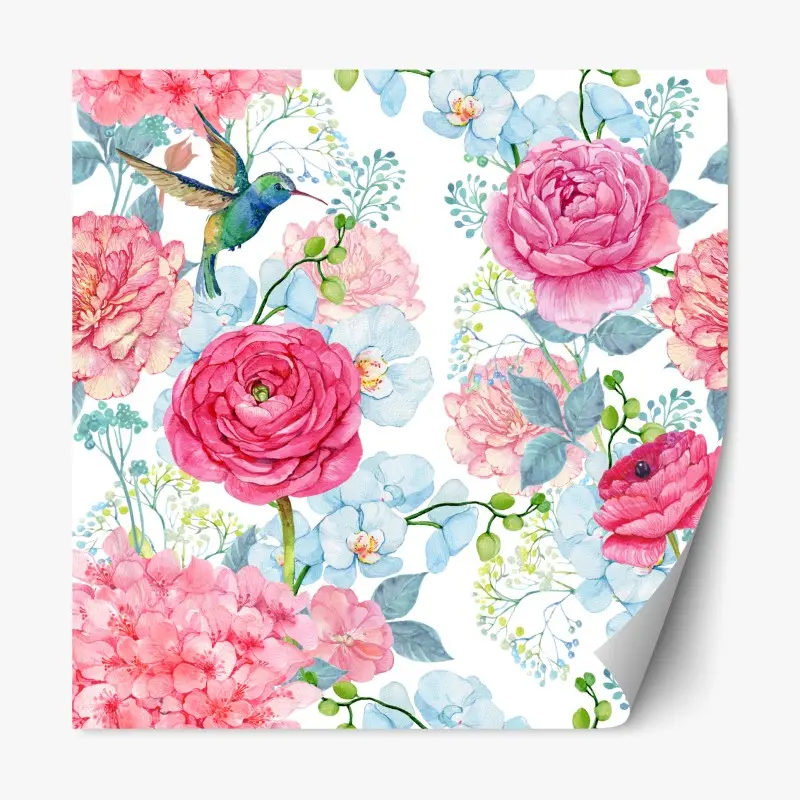 Repositionierbarer Aufkleber rosa aquarell blumengarten mit kolibri