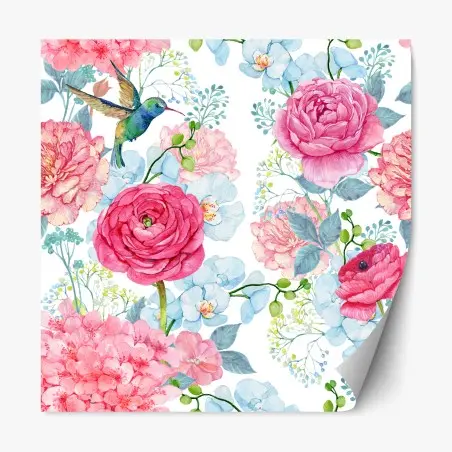 Repositionierbarer Aufkleber rosa aquarell blumengarten mit kolibri – Pixers®