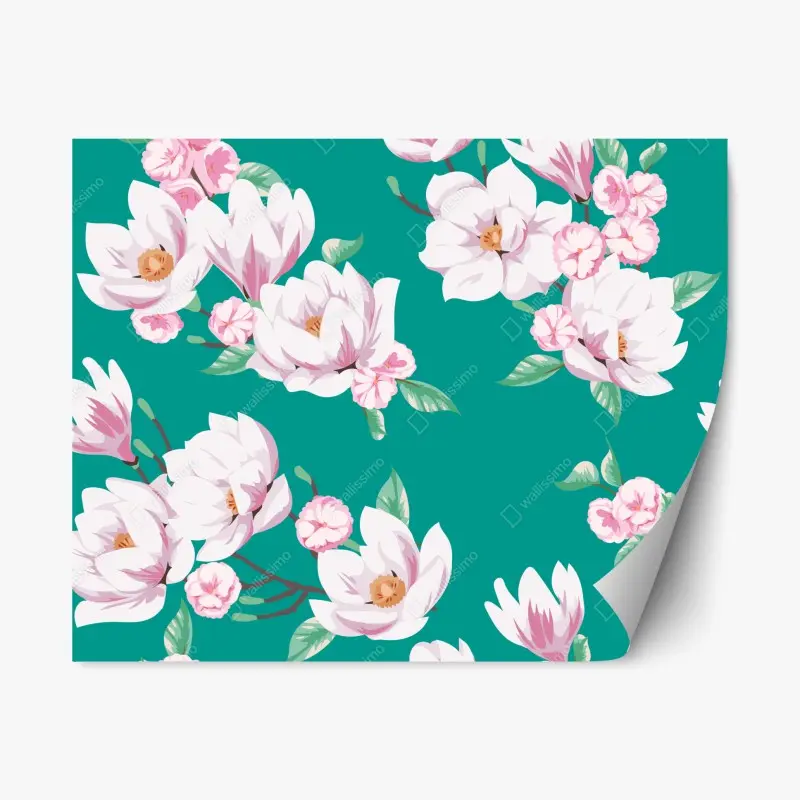 Repositionierbarer Aufkleber pastell magnolienmuster auf türkisfarbenem hintergrund