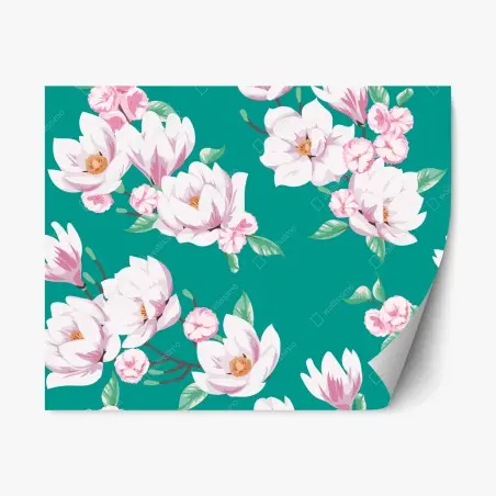 Repositionierbarer Aufkleber pastell magnolienmuster auf türkisfarbenem hintergrund – Pixers®