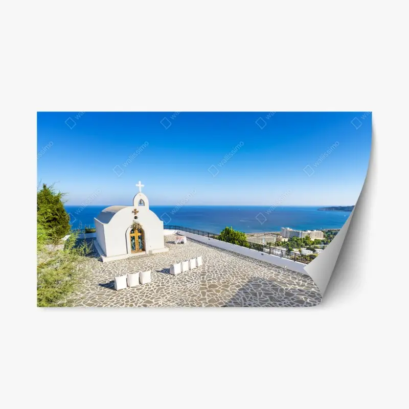 Repositionierbarer Aufkleber weiße kapelle mit meerblick in Faliraki