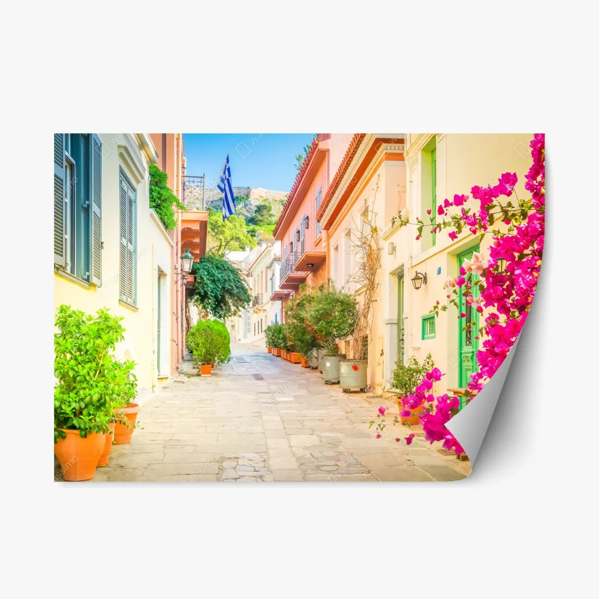 Repositionierbarer Aufkleber sonnige griechische gasse mit bougainvillea – Pixers®