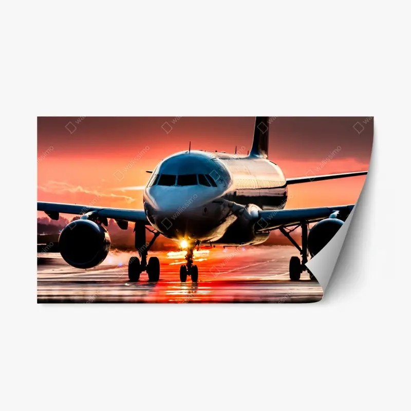 Repositionierbarer Aufkleber jet im sonnenuntergang auf der startbahn