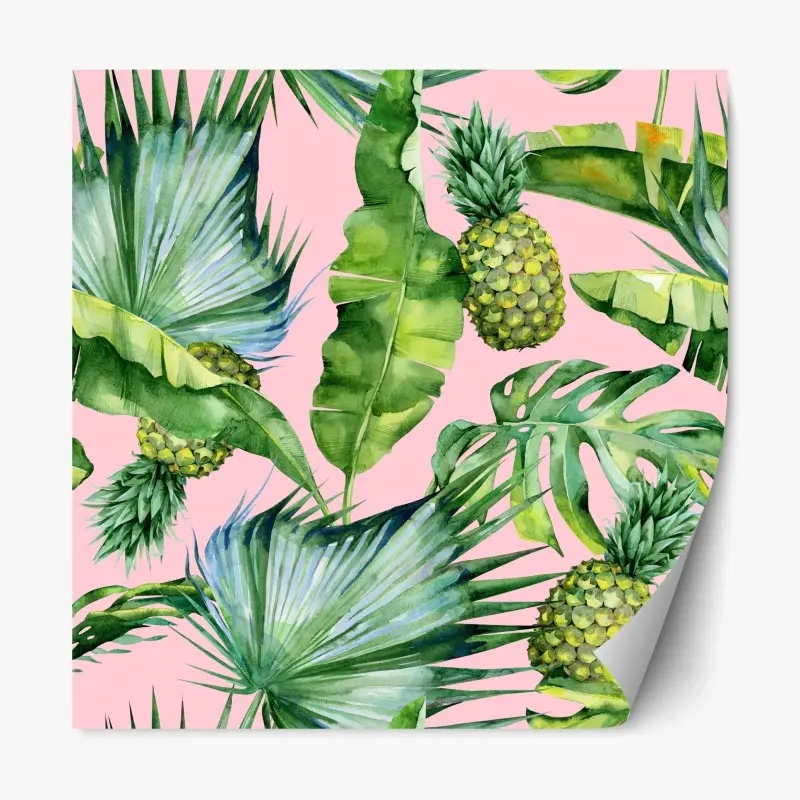 Repositionierbarer Aufkleber tropisches ananas- und blattmuster in aquarell auf rosa hintergrund