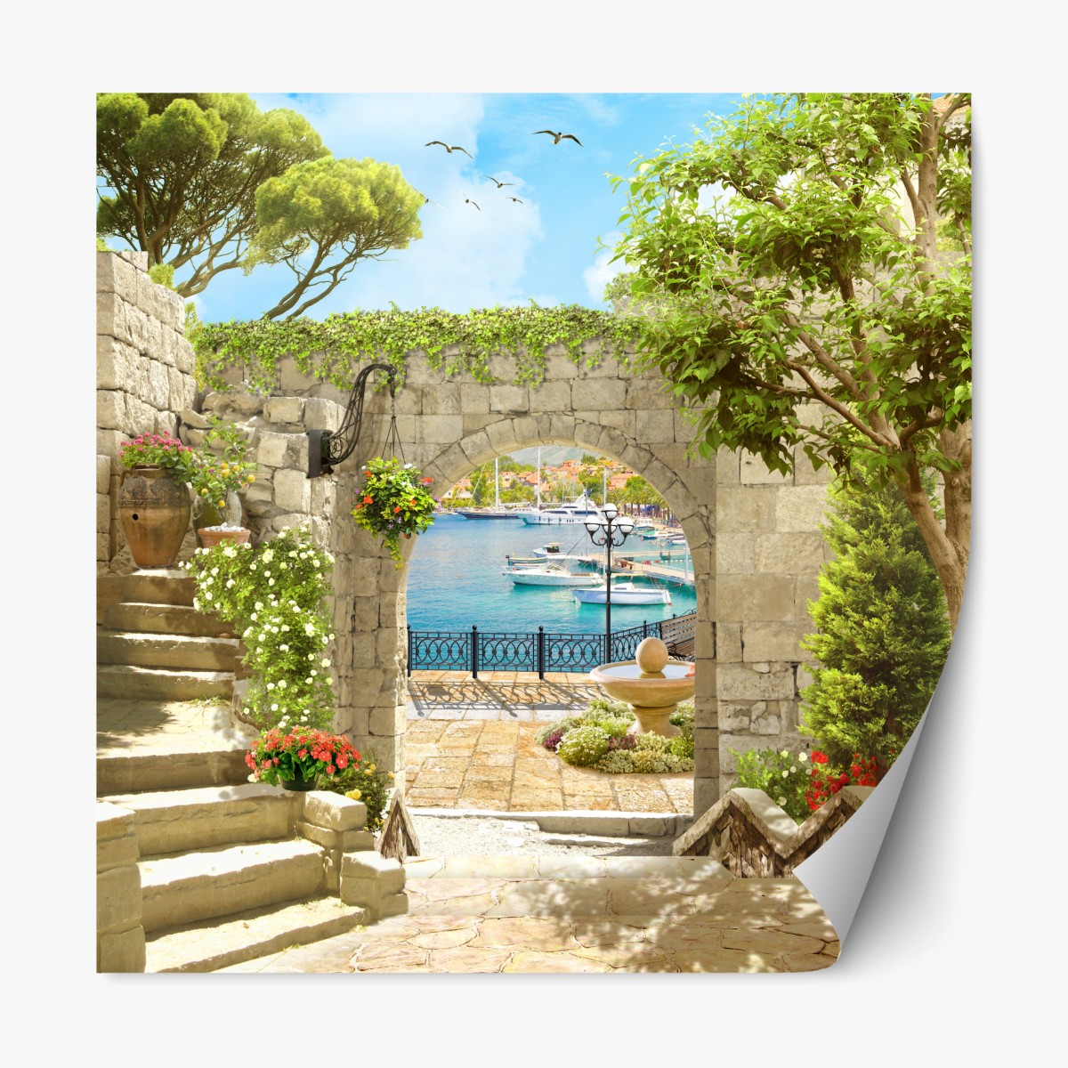 Repositionierbarer Aufkleber mediterraner blick durch eine arkade – Pixers®