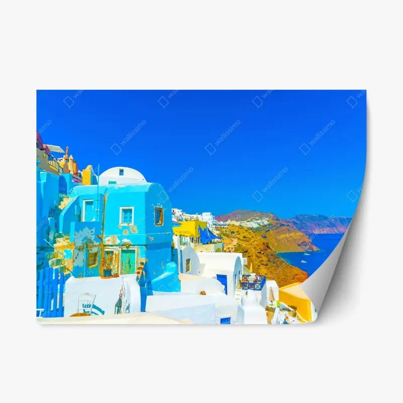 Repositionierbarer Aufkleber sonniger blick auf Oia, Santorini