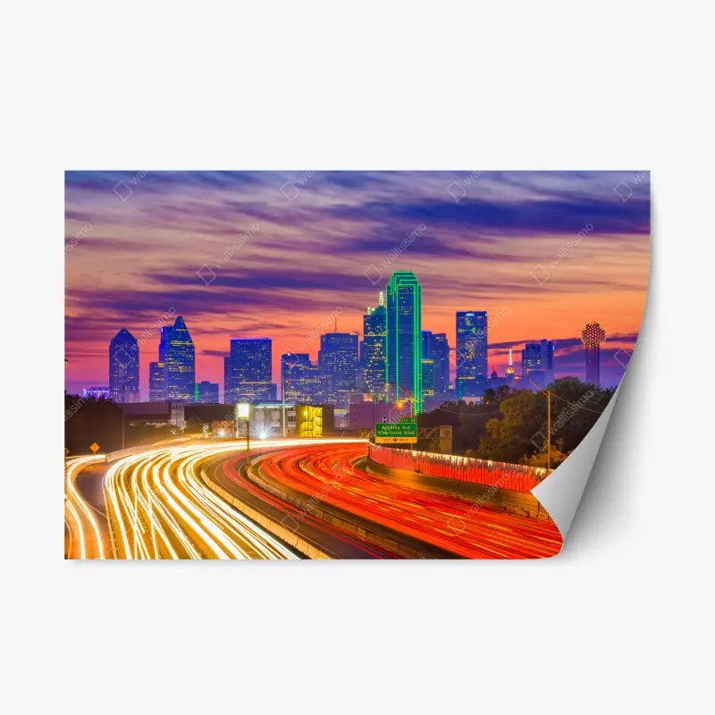 Repositionierbarer Aufkleber panorama von Dallas bei sonnenuntergang mit lichtspuren auf der autobahn