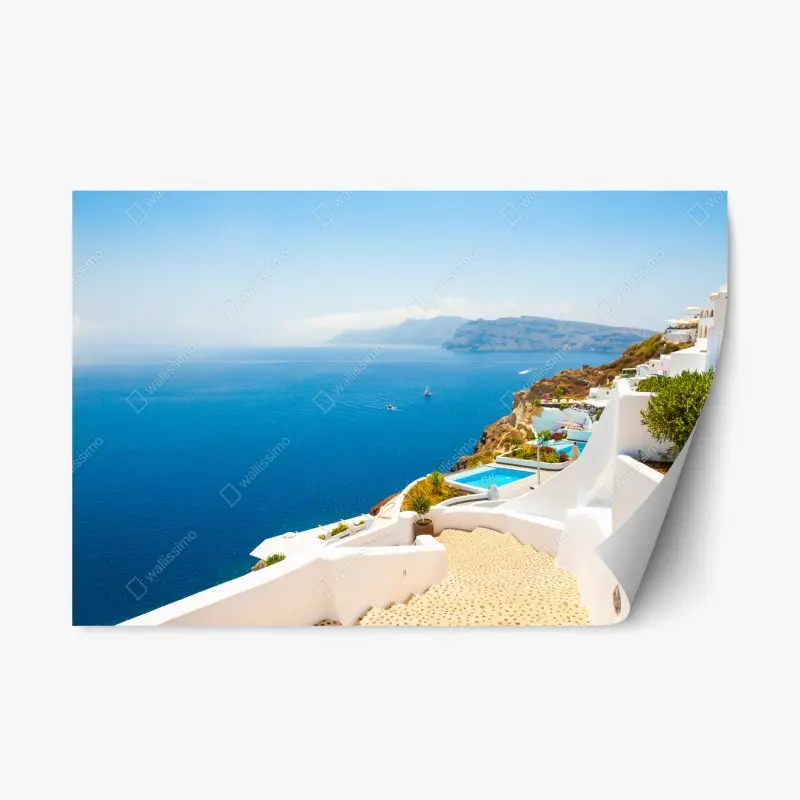 Repositionierbarer Aufkleber Santorini küstenblick mit weißer architektur