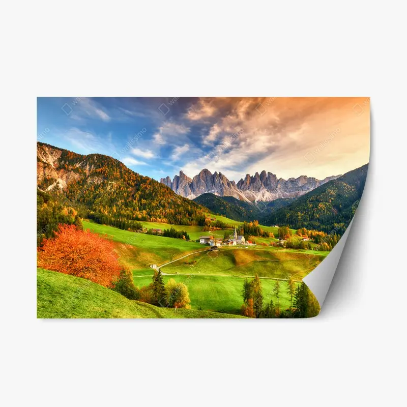 Repositionierbarer Aufkleber herbstlicher sonnenuntergang über Santa Maddalena, Dolomiten