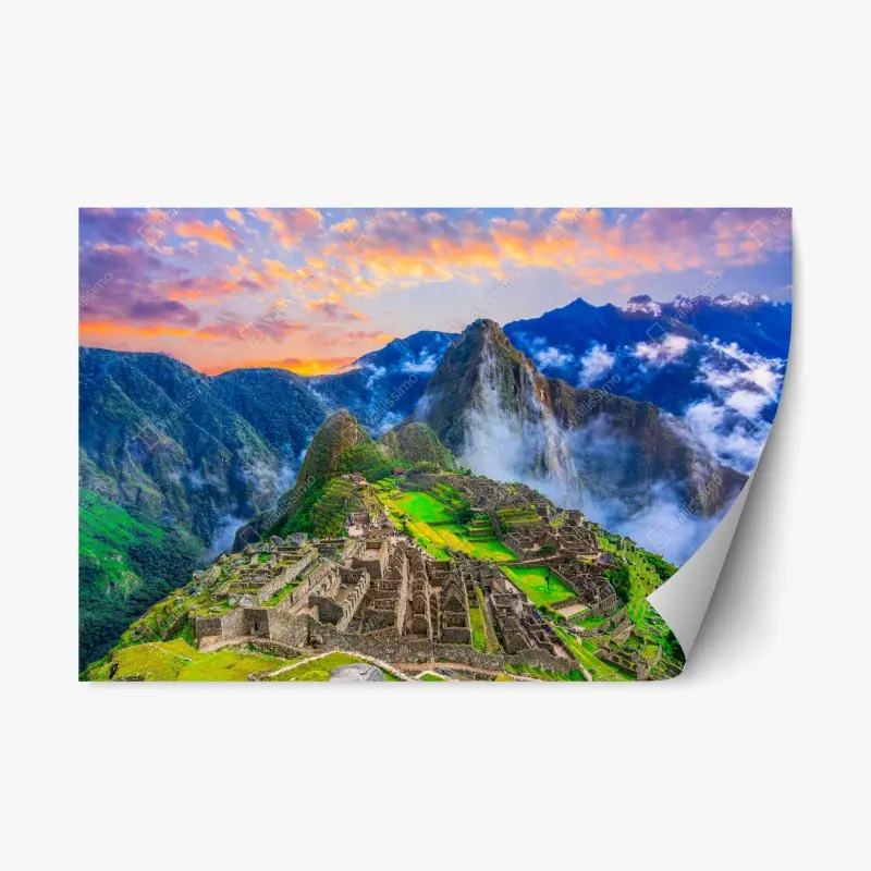 Repositionierbarer Aufkleber sonnenuntergang über Machu Picchu antike Inka-zitadelle