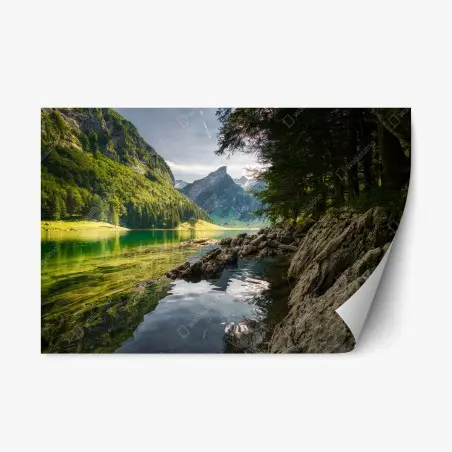 Repositionierbarer Aufkleber ruhiger bergsee mit spiegelungen im wald – Pixers®