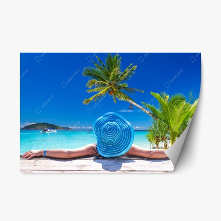 Repositionierbarer Aufkleber tropischer strand mit blauem sonnenhut – Pixers®