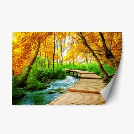 Repositionierbarer Aufkleber goldener steg durch den wald bei Plitvicer Seen – Pixers®