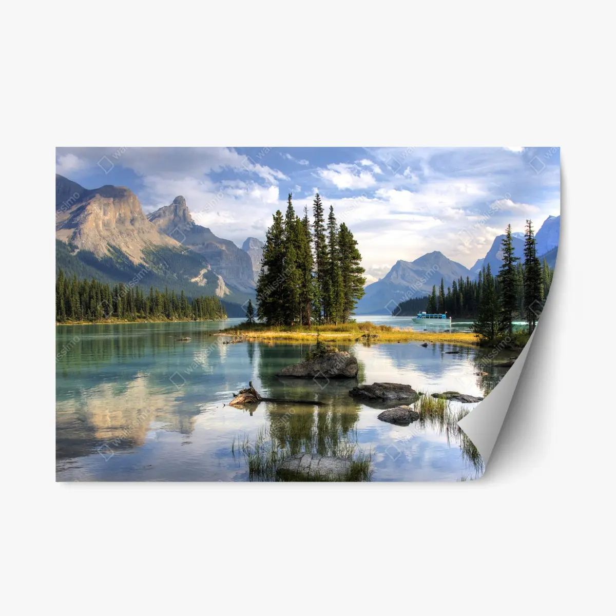 Repositionierbarer Aufkleber ruhiger alpensee mit insel und bergen – Pixers®