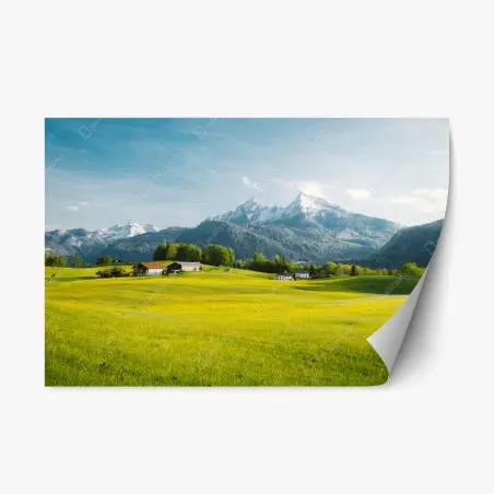 Repositionierbarer Aufkleber alpwiese unter schneebedeckten gipfeln – Pixers®