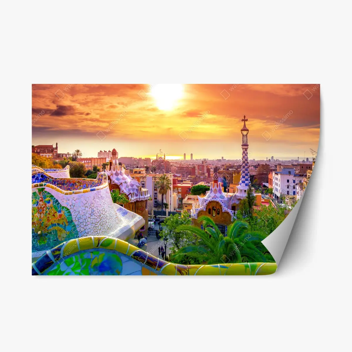 Repositionierbarer Aufkleber sonnenuntergang über Park Güell in Barcelona – Pixers®