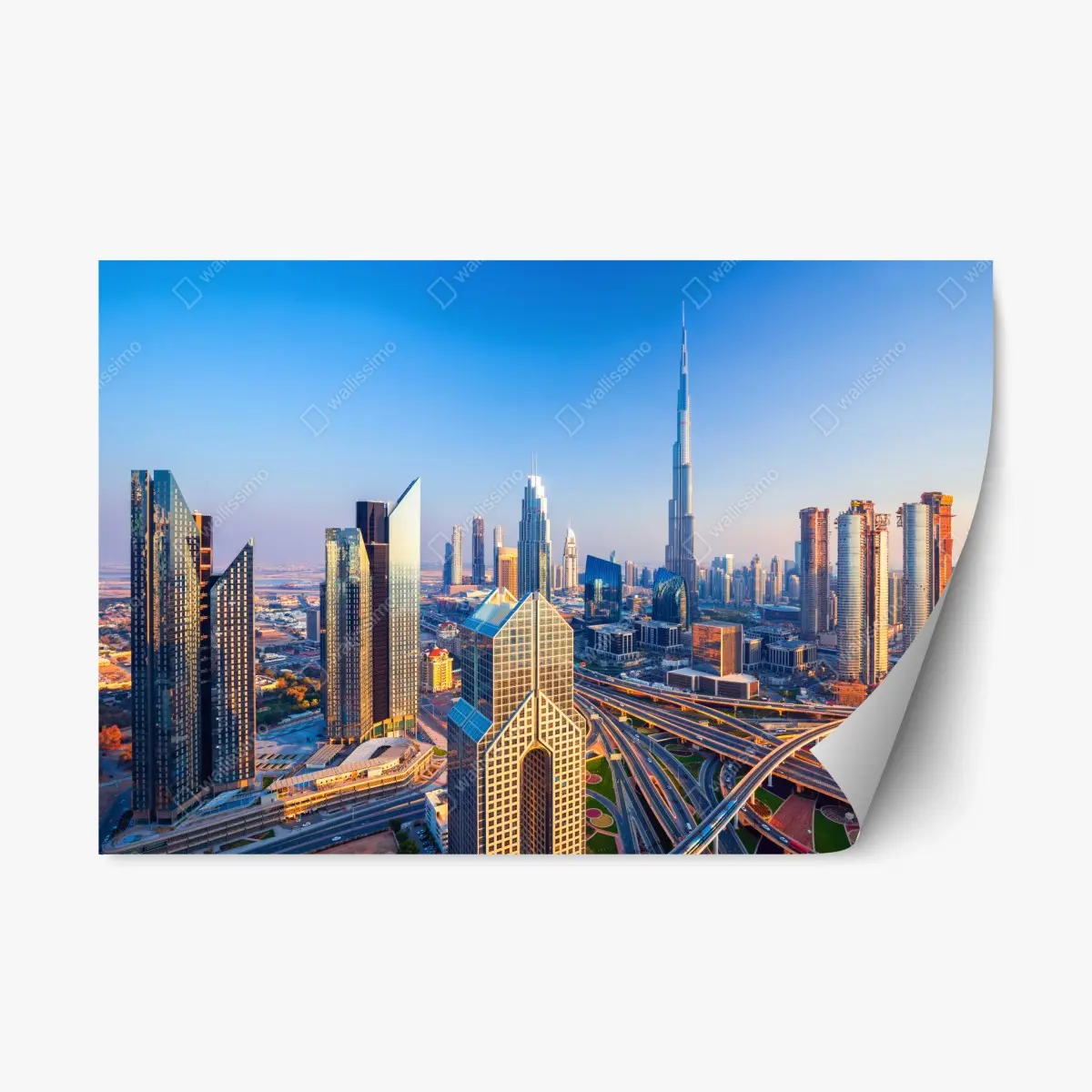 Repositionierbarer Aufkleber panorama Dubais mit Burj Khalifa bei sonnenuntergang – Pixers®