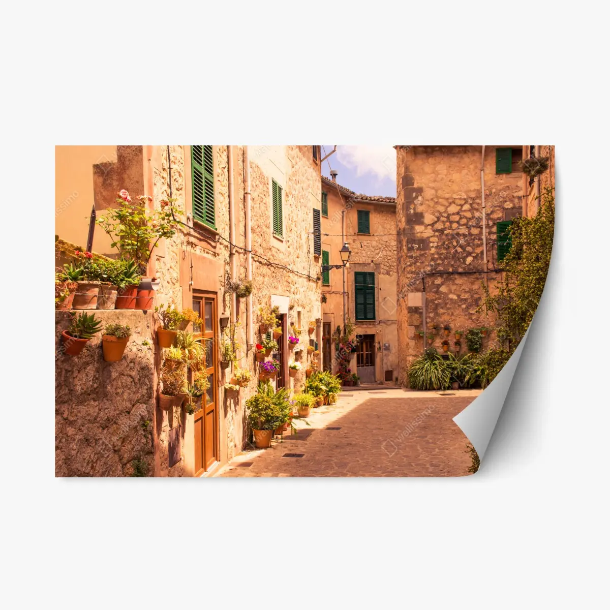 Repositionierbarer Aufkleber sonnige mediterrane gasse mit blumentöpfen – Pixers®