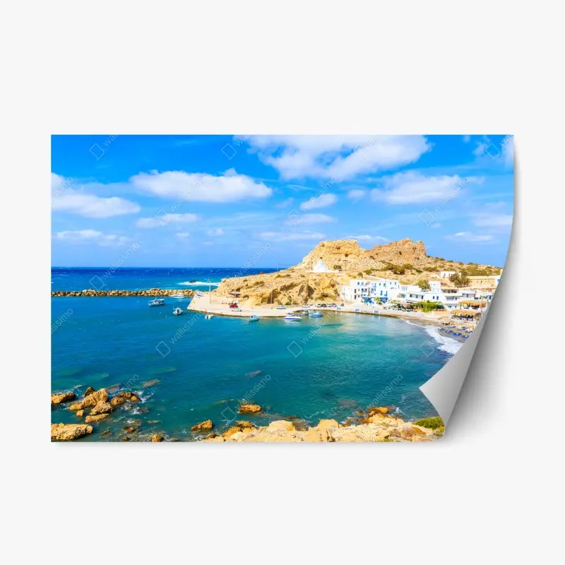 Repositionierbarer Aufkleber sonniger hafen Finiki an der Küste von Karpathos