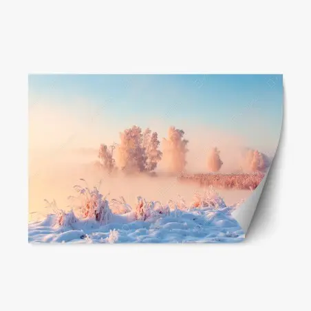 Repositionierbarer Aufkleber winterlicher sonnenaufgang über einer frostigen wiese – Pixers®