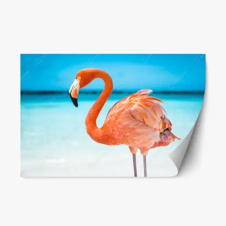 Repositionierbarer Aufkleber leuchtender rosa flamingo am türkisfarbenen strand – Pixers®