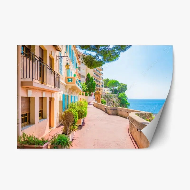 Repositionierbarer Aufkleber mediterrane promenade mit pastellfarbenen häusern