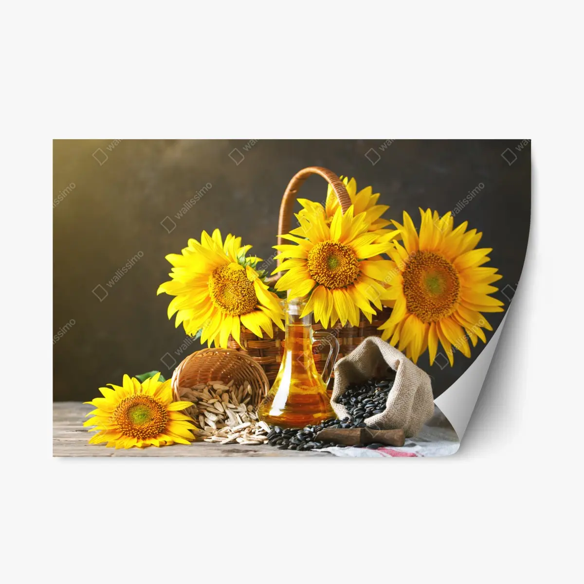 Repositionierbarer Aufkleber leuchtendes stillleben mit sonnenblumen, kernen und öl – Pixers®