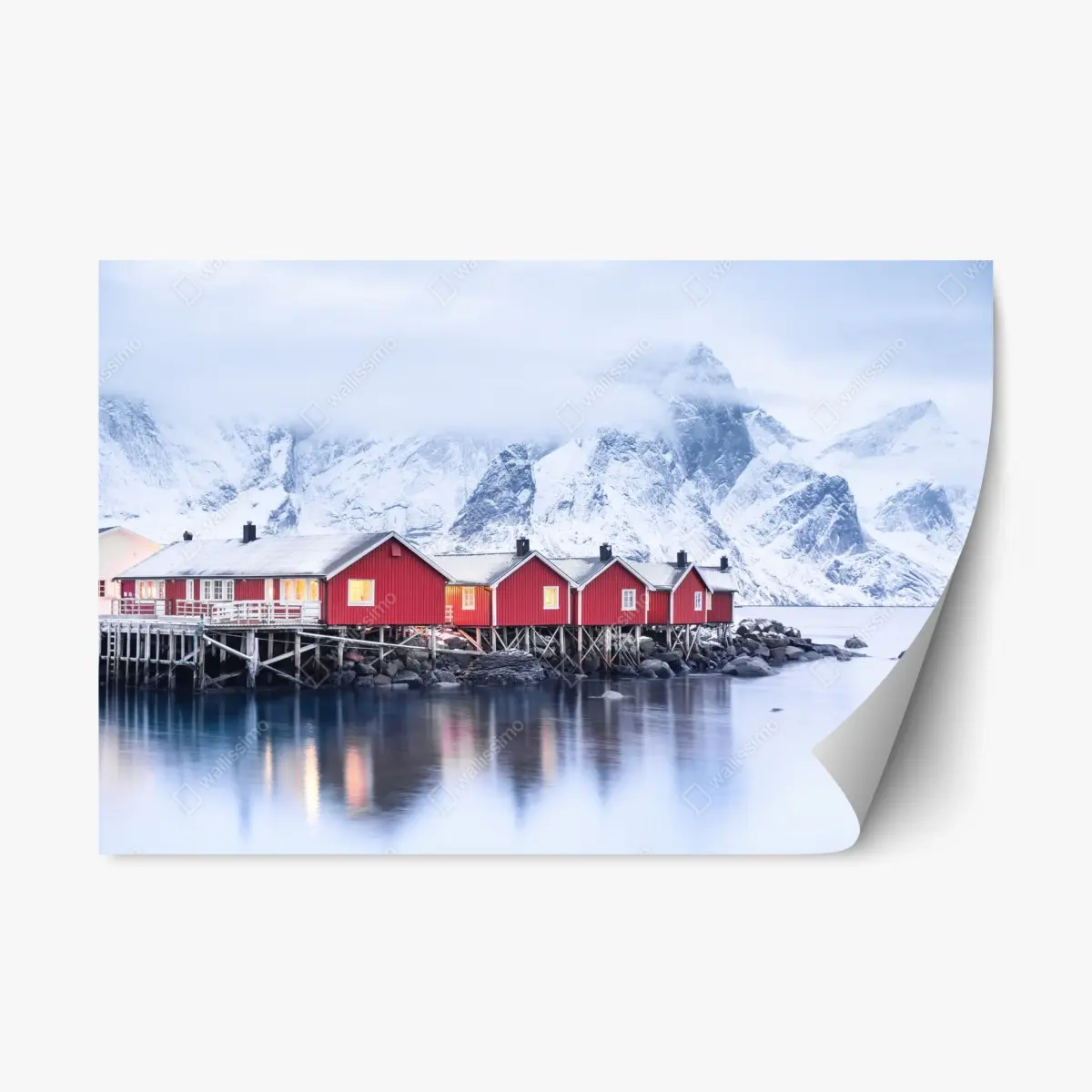 Repositionierbarer Aufkleber sonnenaufgang über den roten hütten der Lofoten – Pixers®