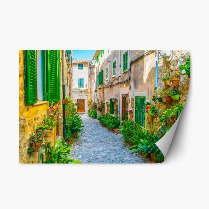 Repositionierbarer Aufkleber sonnige gasse mit grünen fensterläden