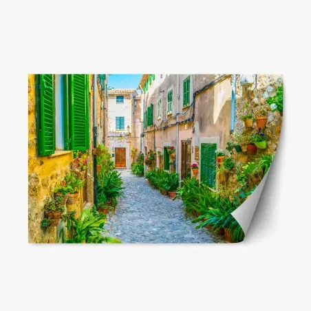 Repositionierbarer Aufkleber sonnige gasse mit grünen fensterläden – Pixers®