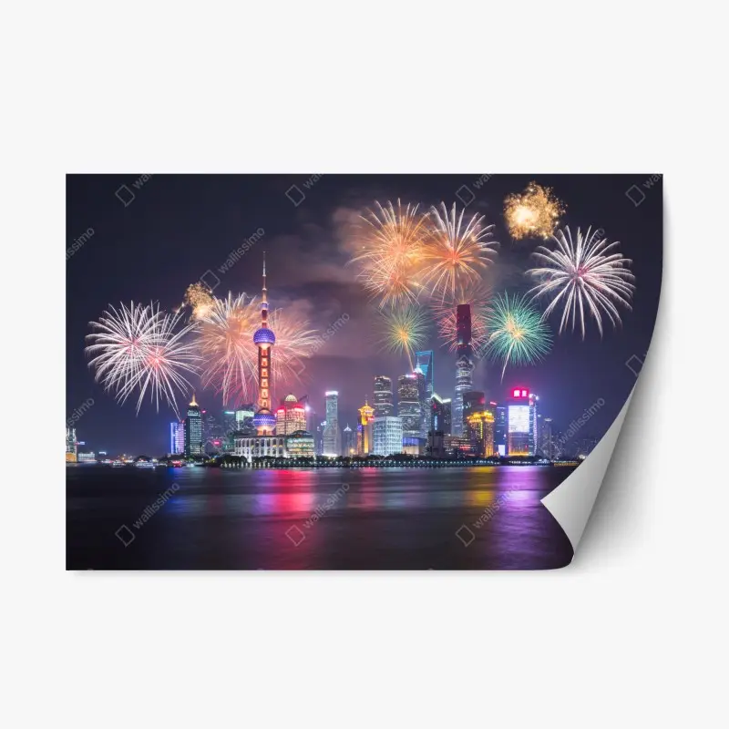Repositionierbarer Aufkleber Shanghai skyline mit feuerwerk über dem Huangpu