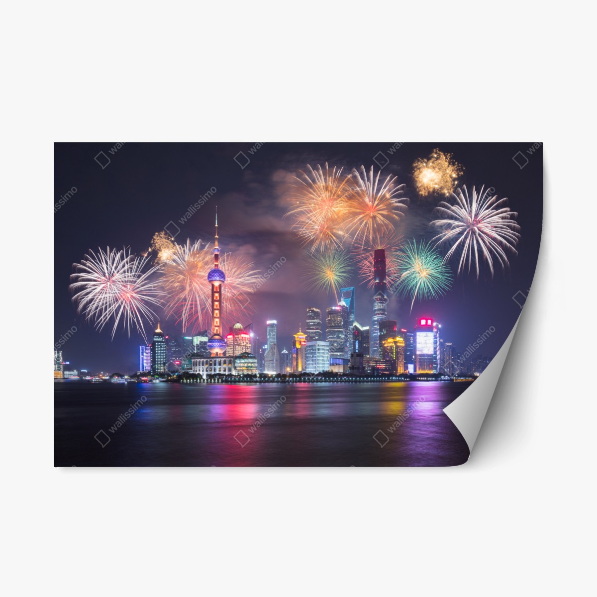 Repositionierbarer Aufkleber Shanghai skyline mit feuerwerk über dem Huangpu – Pixers®