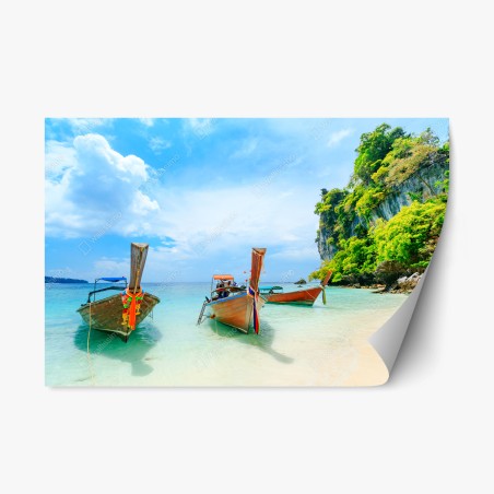Repositionierbarer Aufkleber longtail-boote am türkisfarbenen strand von Phuket – Pixers®