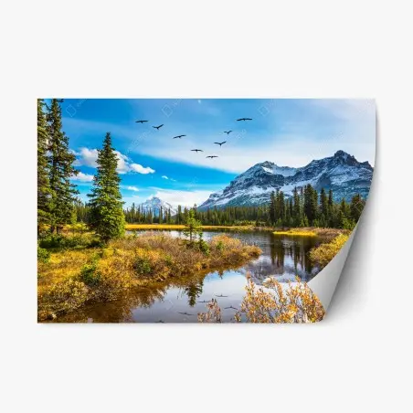 Repositionierbarer Aufkleber herbstlicher bergsee mit vögeln – Pixers®