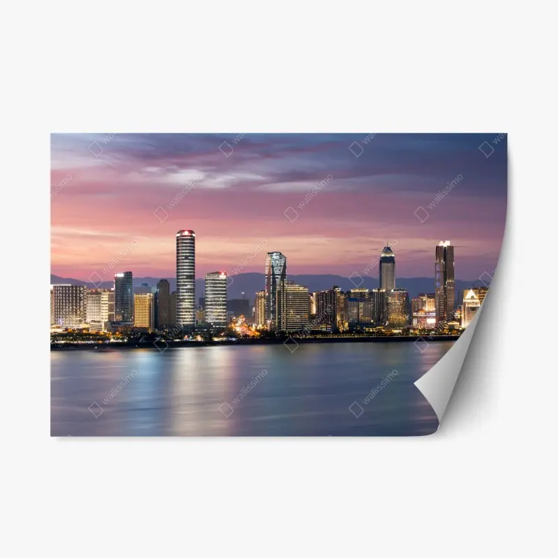 Repositionierbarer Aufkleber ruhige stadtskyline bei dämmerung