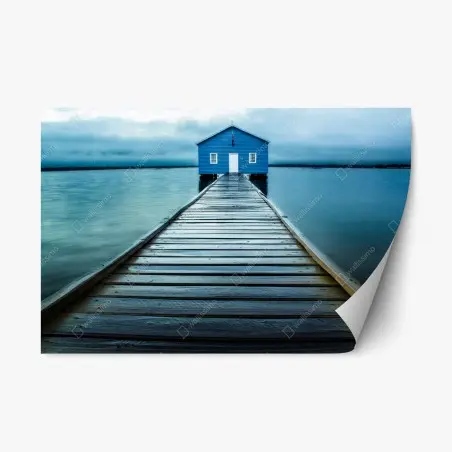 Repositionierbarer Aufkleber blaues bootshaus am ende des stegs – Pixers®