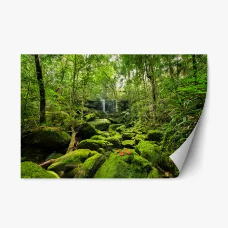 Repositionierbarer Aufkleber üppiger moosbewachsener wasserfall im tropischen wald – Pixers®