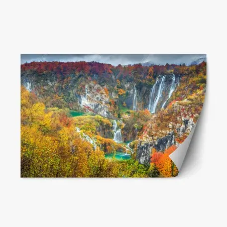 Repositionierbarer Aufkleber herbstliche wasserfälle in einem farbenfrohen wald – Pixers®