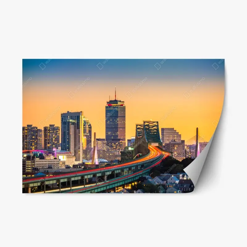 Repositionierbarer Aufkleber panorama von Boston bei sonnenuntergang mit Zakim und Tobin brücken