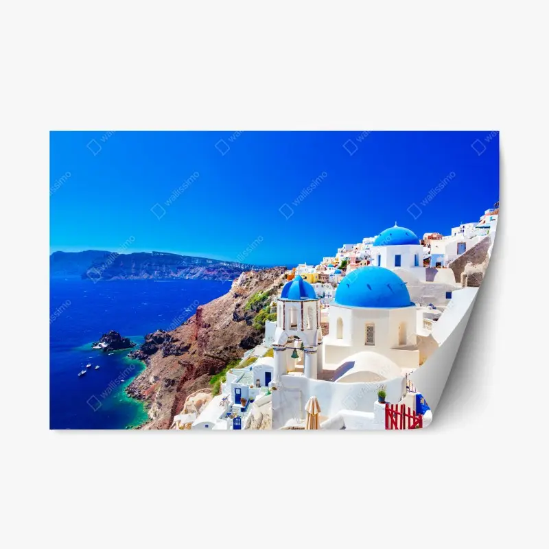 Repositionierbarer Aufkleber Santorini blaue kuppeln über dem Ägäischen Meer