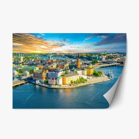 Repositionierbarer Aufkleber lebendige stadtansicht von Stockholm bei sonnenuntergang – Pixers®