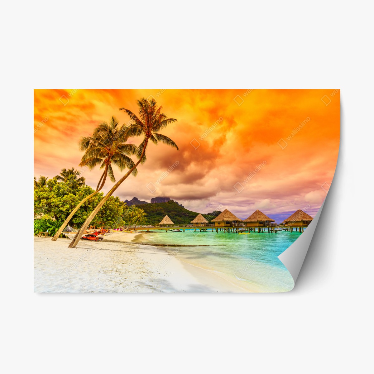 Repositionierbarer Aufkleber sonnenuntergang in Bora Bora über wasserbungalows – Pixers®