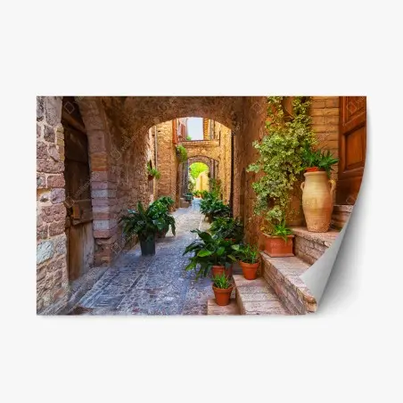 Repositionierbarer Aufkleber sonnige gasse mit blumentöpfen in Spello – Pixers®