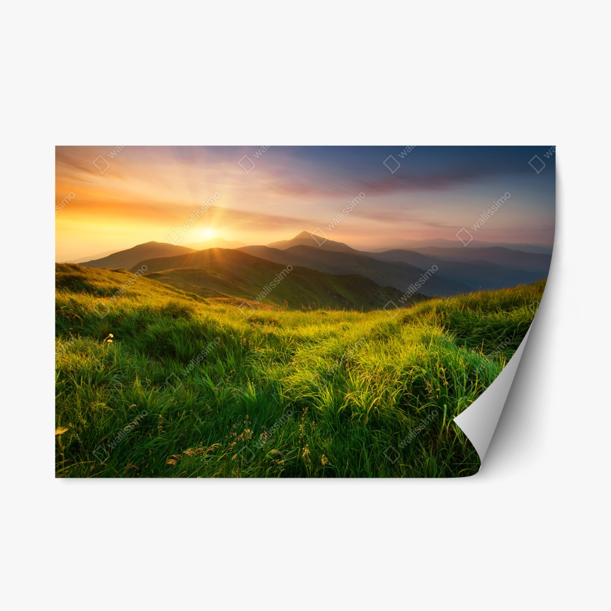 Repositionierbarer Aufkleber sonnenaufgang über dem smaragdgrünen bergtal – Pixers®