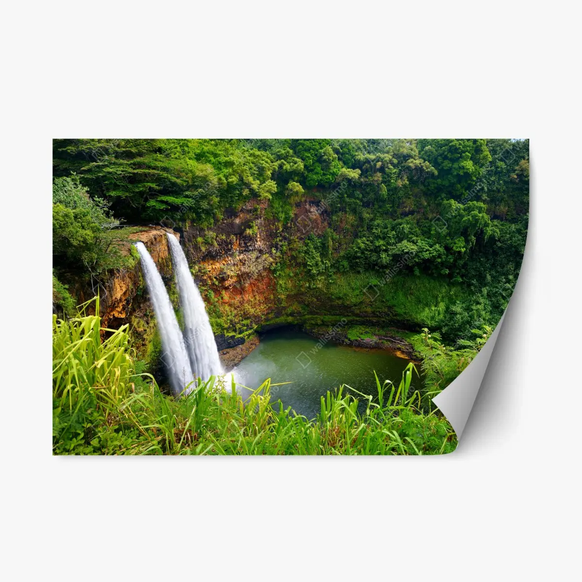Repositionierbarer Aufkleber doppelter wasserfall im üppig grünen wald – Pixers®