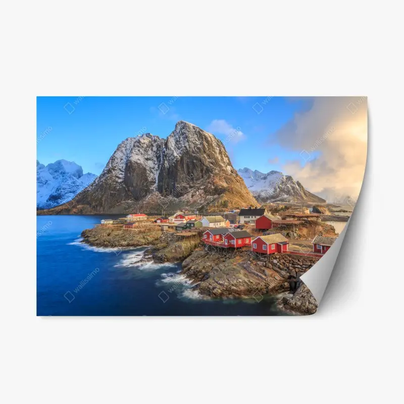 Repositionierbarer Aufkleber küstendorf in Norwegen mit roten fischerhütten