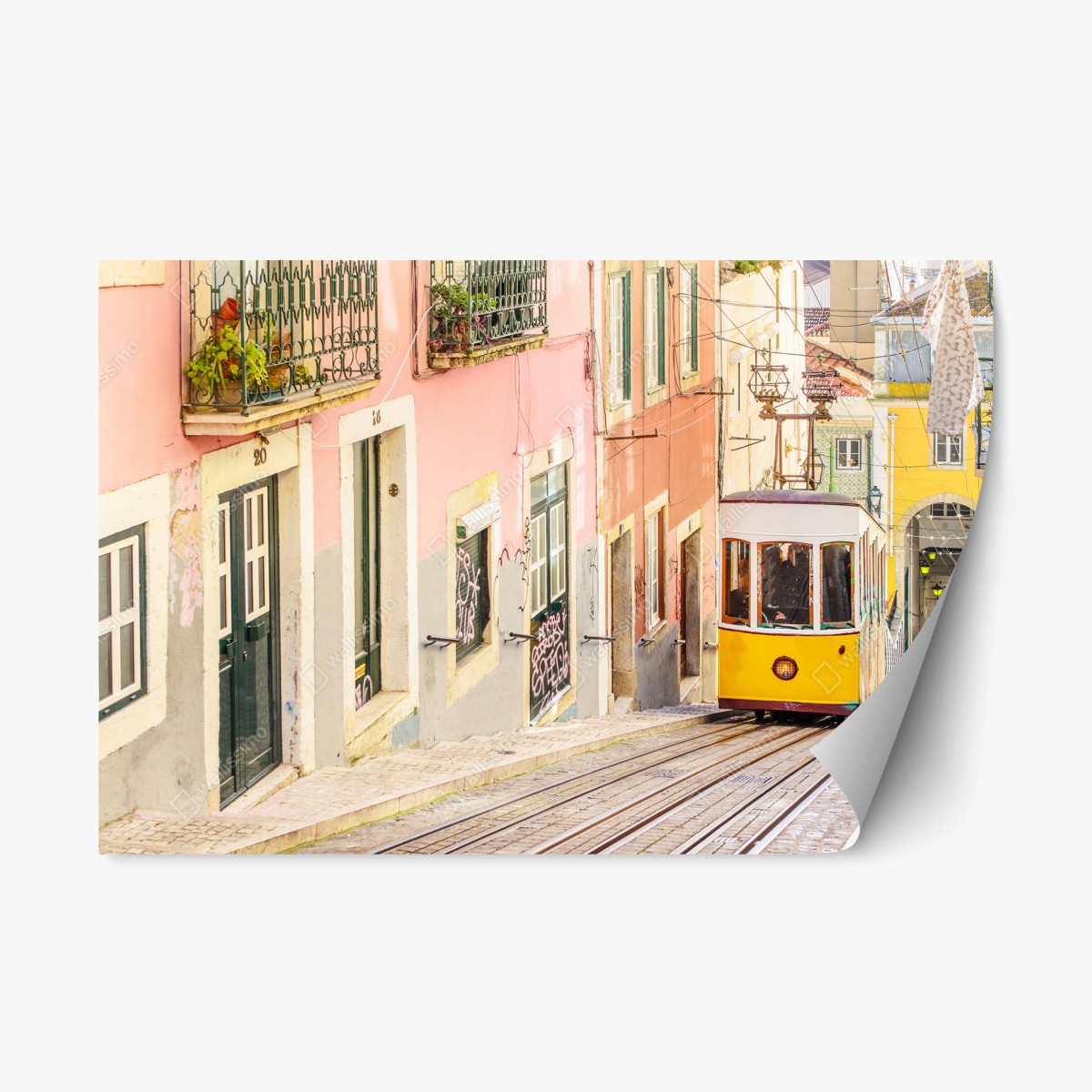 Repositionierbarer Aufkleber sonnige Lissabon straßenbahn in pastellfarben – Pixers®