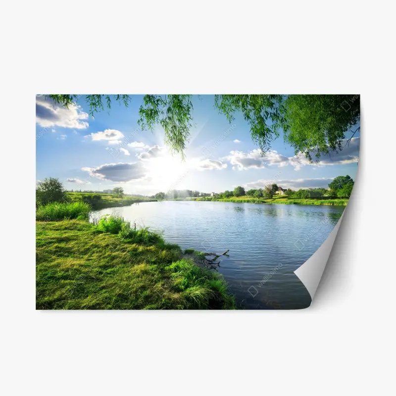 Repositionierbarer Aufkleber sonnenbeschienenes flussufer mit üppigem grün
