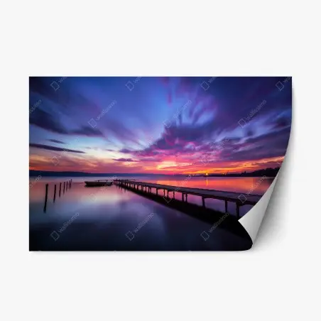 Repositionierbarer Aufkleber sonnenuntergang über ruhigem see mit hölzernem steg – Pixers®