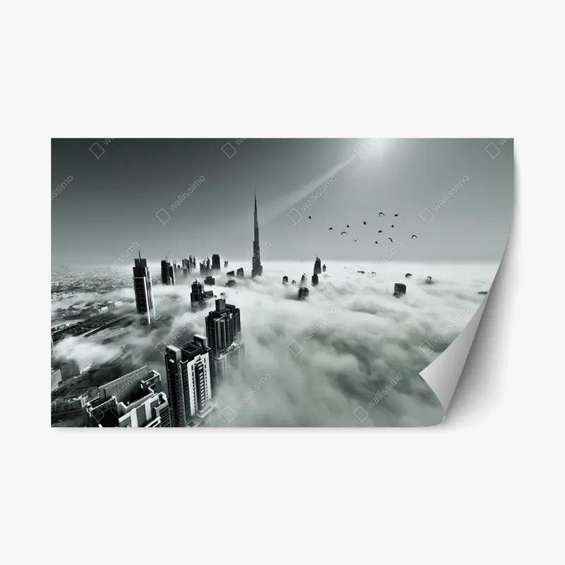 Repositionierbarer Aufkleber neblige skyline von Dubai über den wolken